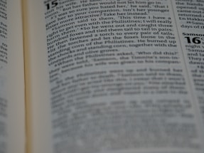 A close-up view of an open book, displaying printed text in paragraphs with a focus on a specific passage. The text is clear and in a serif font, indicating a formal or scholarly tone. One page is slightly out of focus, creating depth.