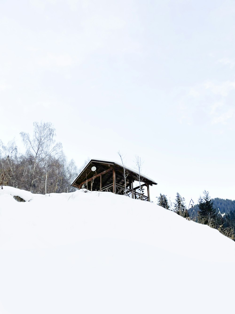 brown wooden house on snow covered ground