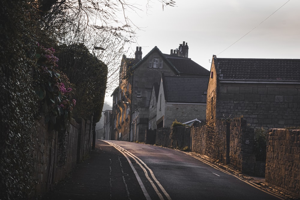 gray concrete road between houses