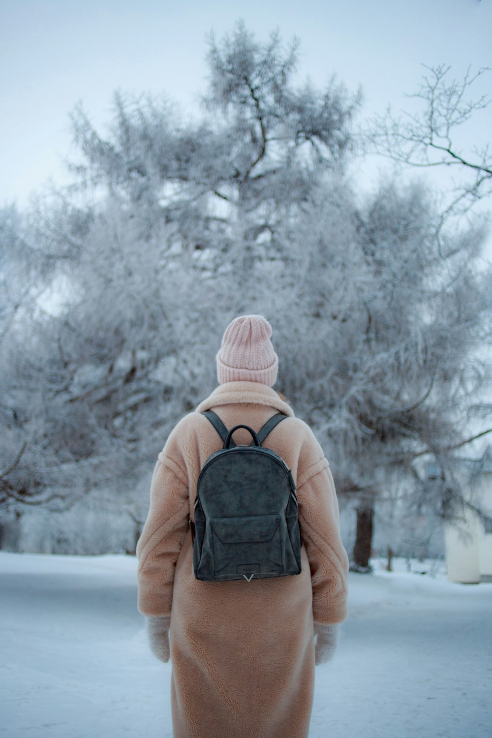 personne dans un sac à dos noir et une veste marron debout sur un sol enneigé pendant la journée