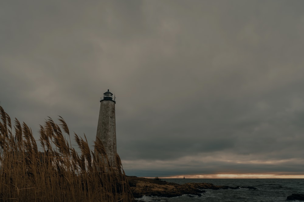 Phare blanc et brun près du plan d’eau sous des nuages gris