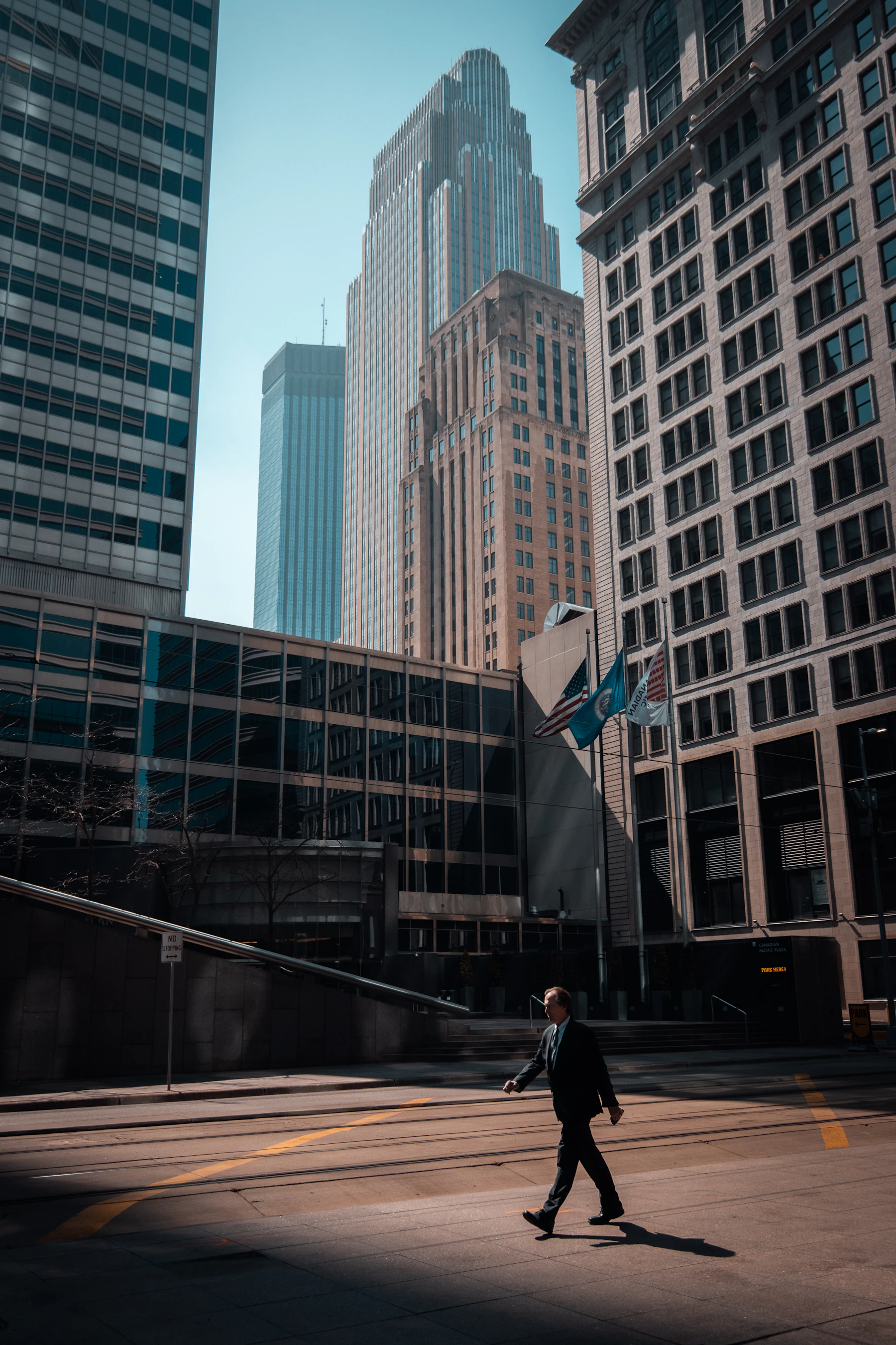 Business professional walking through a downtown city street