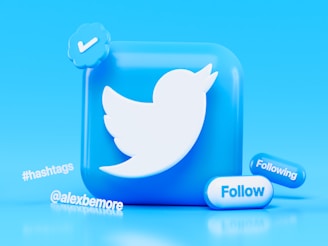 A 3D representation of a blue Twitter icon with a white bird logo, accompanied by a checkmark symbol, a 'Follow' button, and a 'Following' pill-shaped icon. The words '#hashtags' and '@alexbemore' are displayed in white text.
