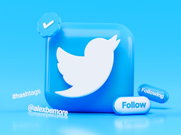 A 3D representation of a blue Twitter icon with a white bird logo, accompanied by a checkmark symbol, a 'Follow' button, and a 'Following' pill-shaped icon. The words '#hashtags' and '@alexbemore' are displayed in white text.