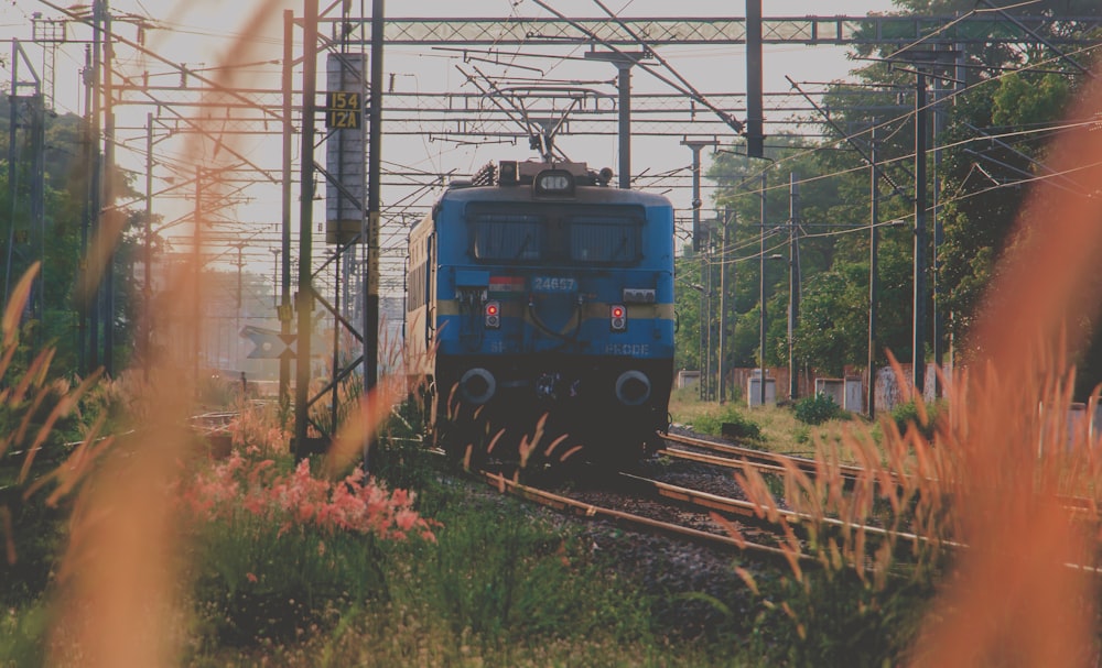 blue train on rail tracks