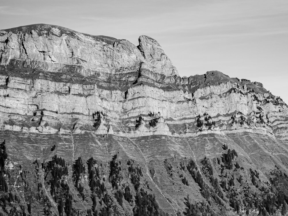 grayscale photo of rocky mountain