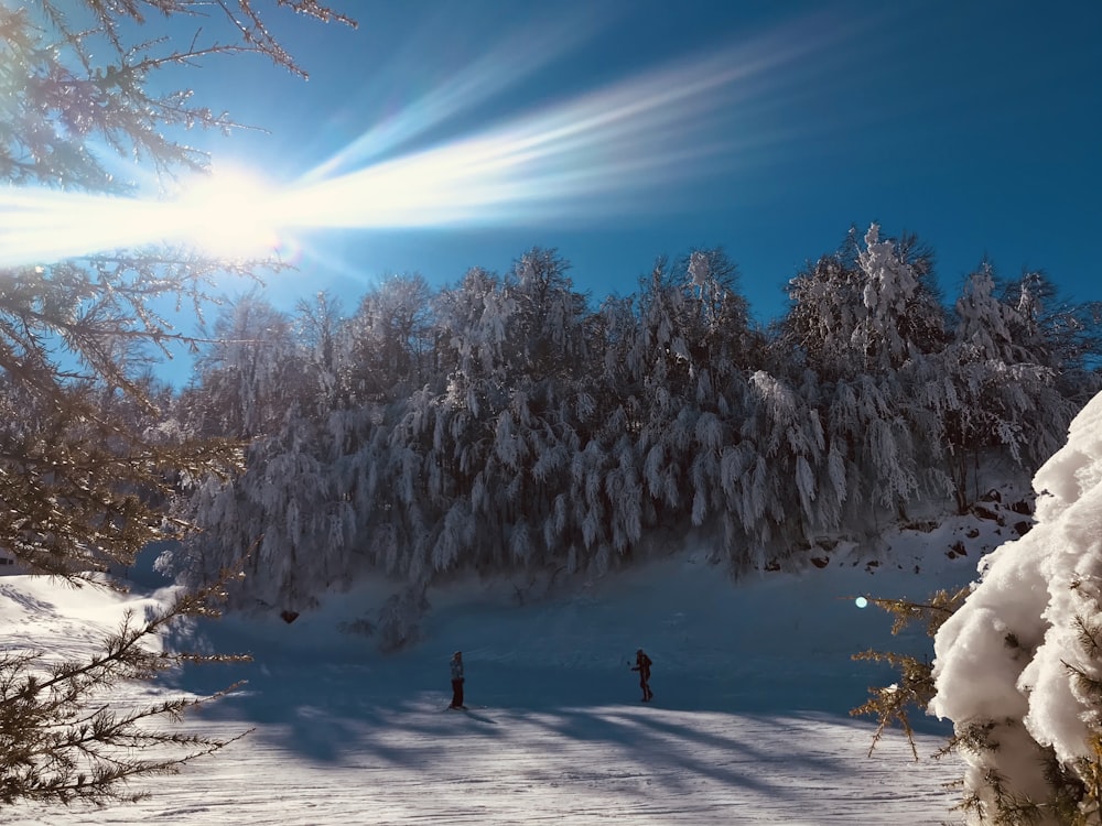 a couple of people riding skis down a snow covered slope