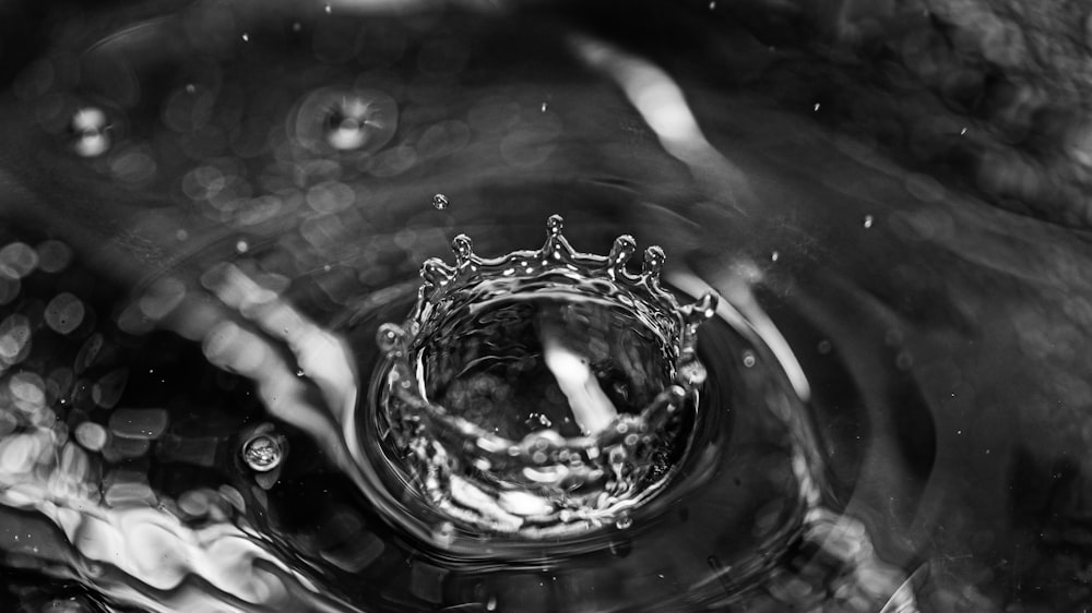 water drop on water in grayscale photography