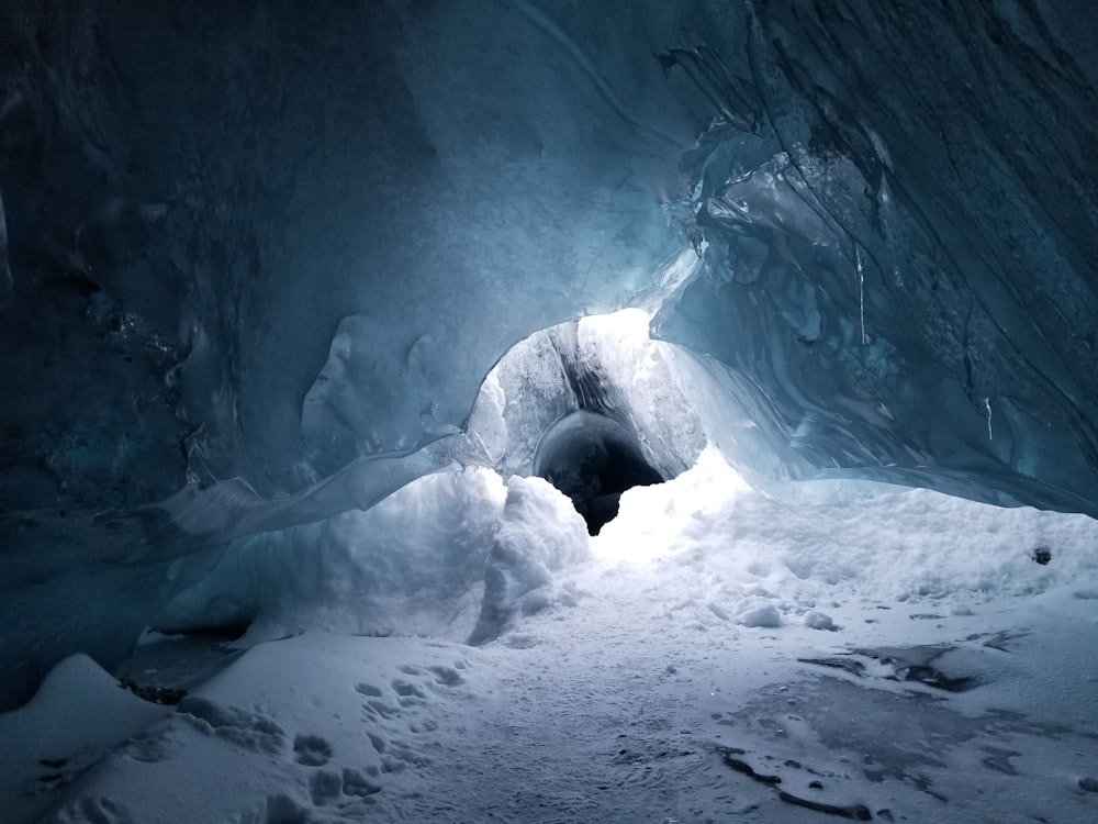 white and blue ice cave
