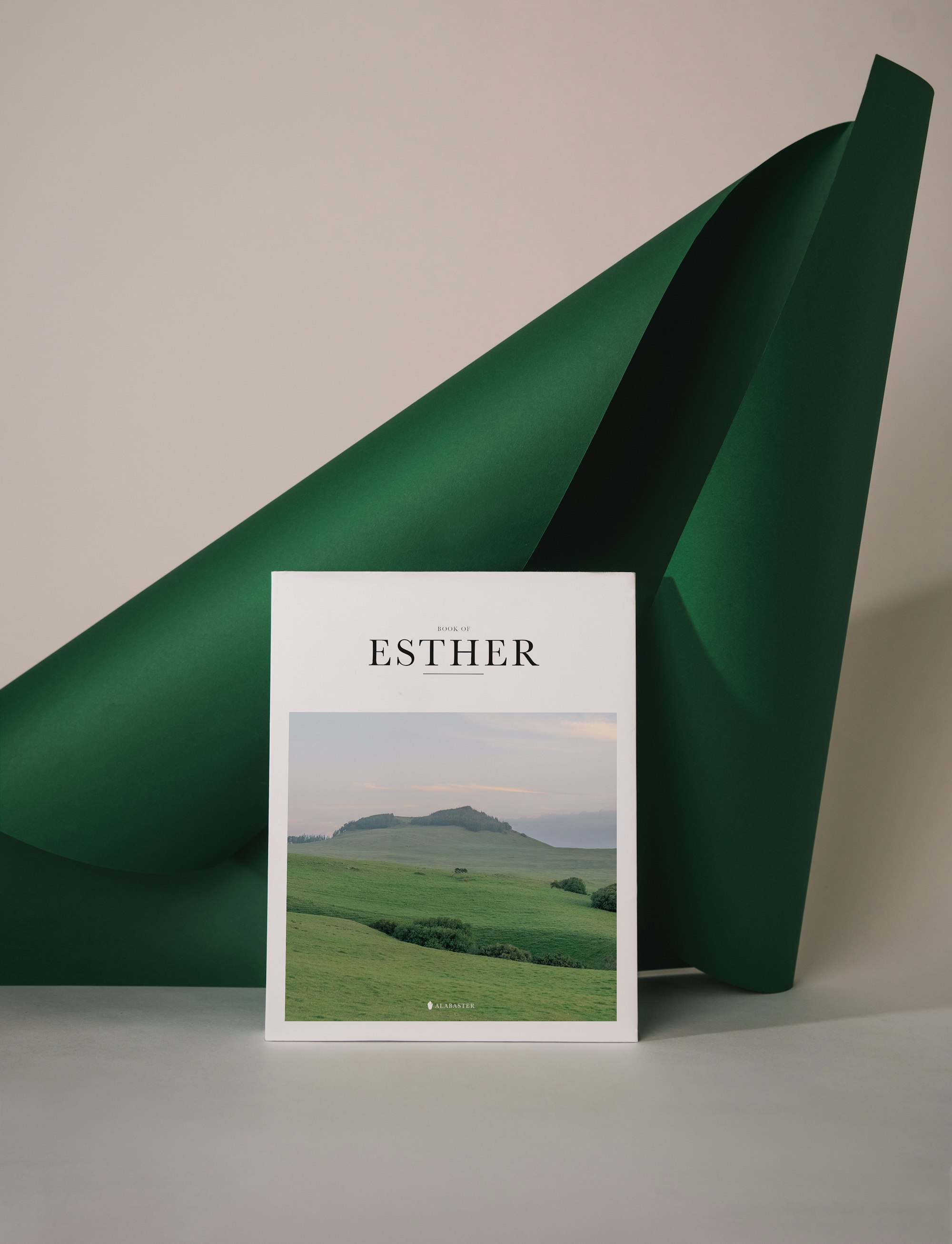 Studio shot of Bible Book of Esther with green paper.