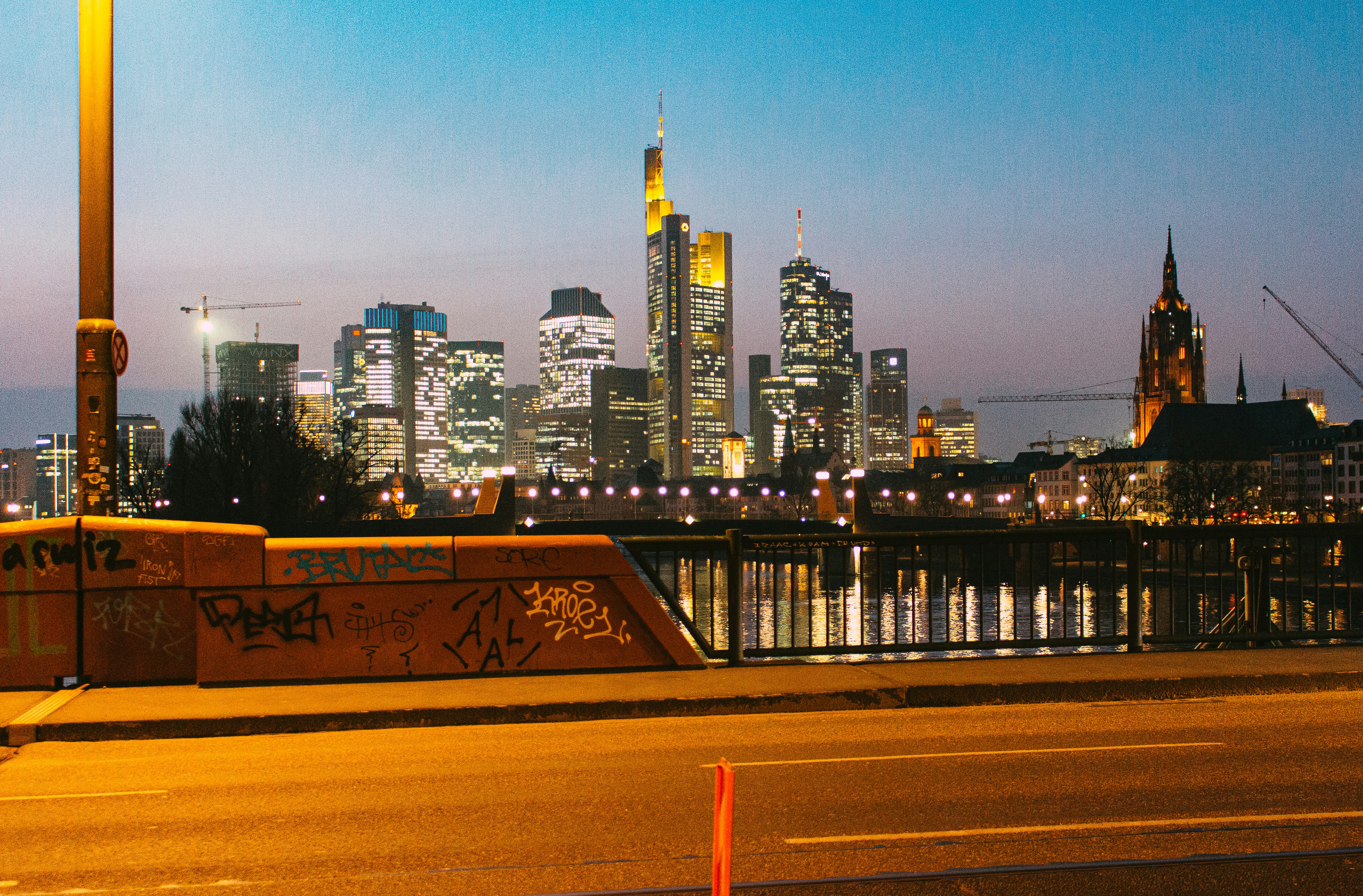 European city skyline at night, travel and navigation context