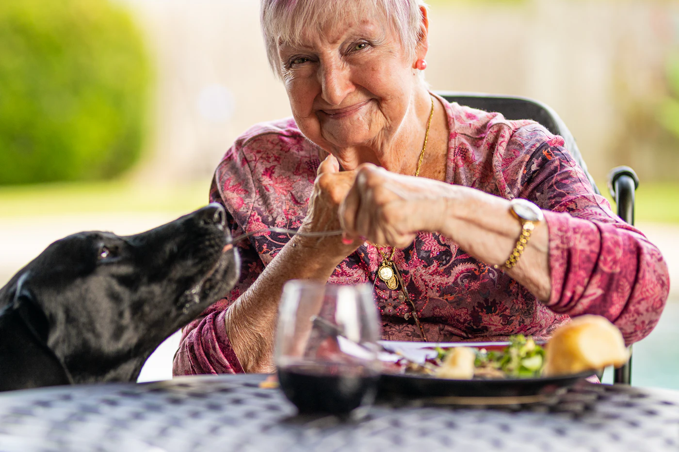 An older person seated by a bright window beside a calm golden cocker spaniel at a care home