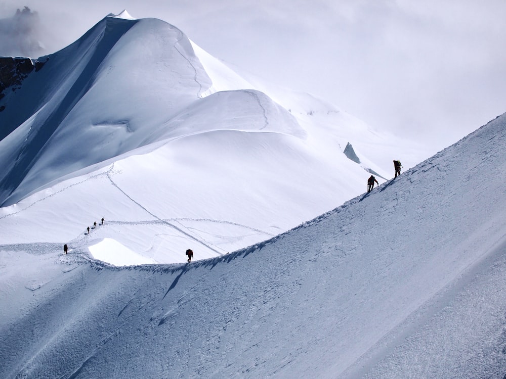 personas que caminan en la montaña cubierta de nieve durante el día