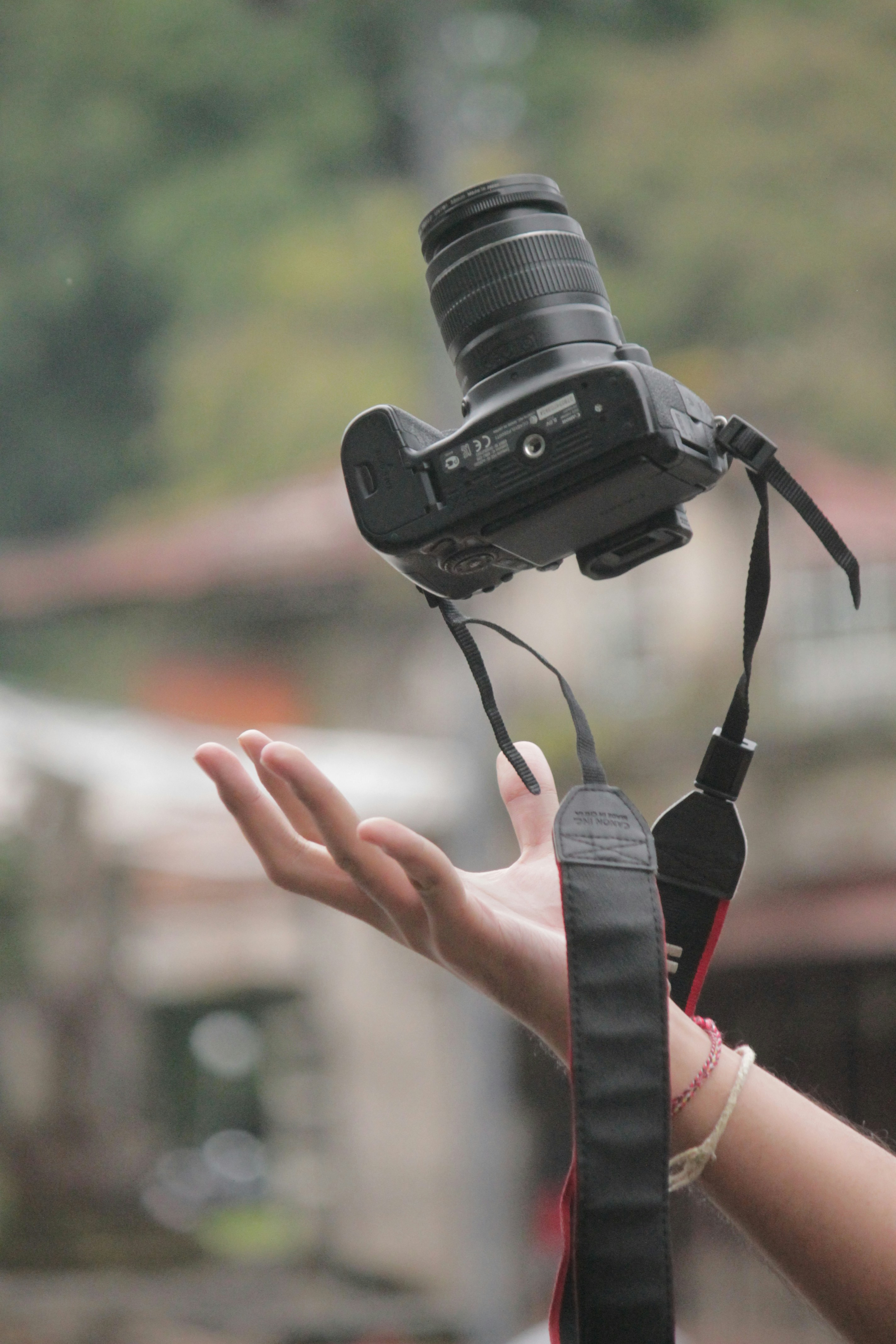 A hand holding a camera with a strap