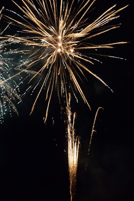 An artistic display of fireworks with metallic gold trails and a faint silhouette of the green bunny skull logo in the background.