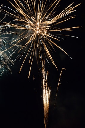 A vibrant display of fireworks against a dark night sky, with bright golden sparks radiating outward in a starburst pattern, accompanied by faint trails of smoke.