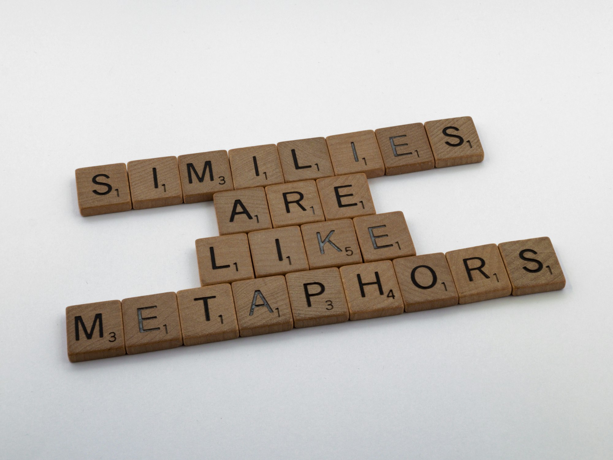 scrabble, scrabble pieces, lettering, letters, wood, scrabble tiles, white background, words, quote, letters, type, typography, design, layout, similes are like metaphors, simile, metaphor, similitude, like, similar, similarity, grammar, words, analogy, comparison, homology, parallel, semblance, likeness, like, correspondence, 