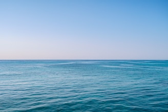A panoramic view of a calm ocean with no visible curvature at the horizon.