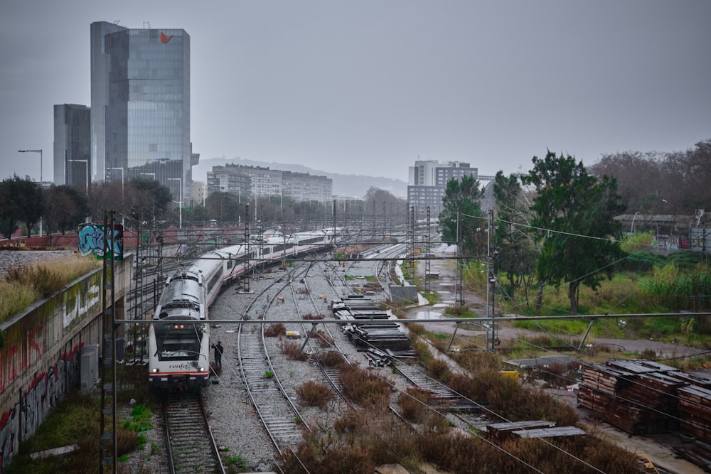 Tren blanco y negro en las vías del tren cerca de los edificios de la ciudad durante el día