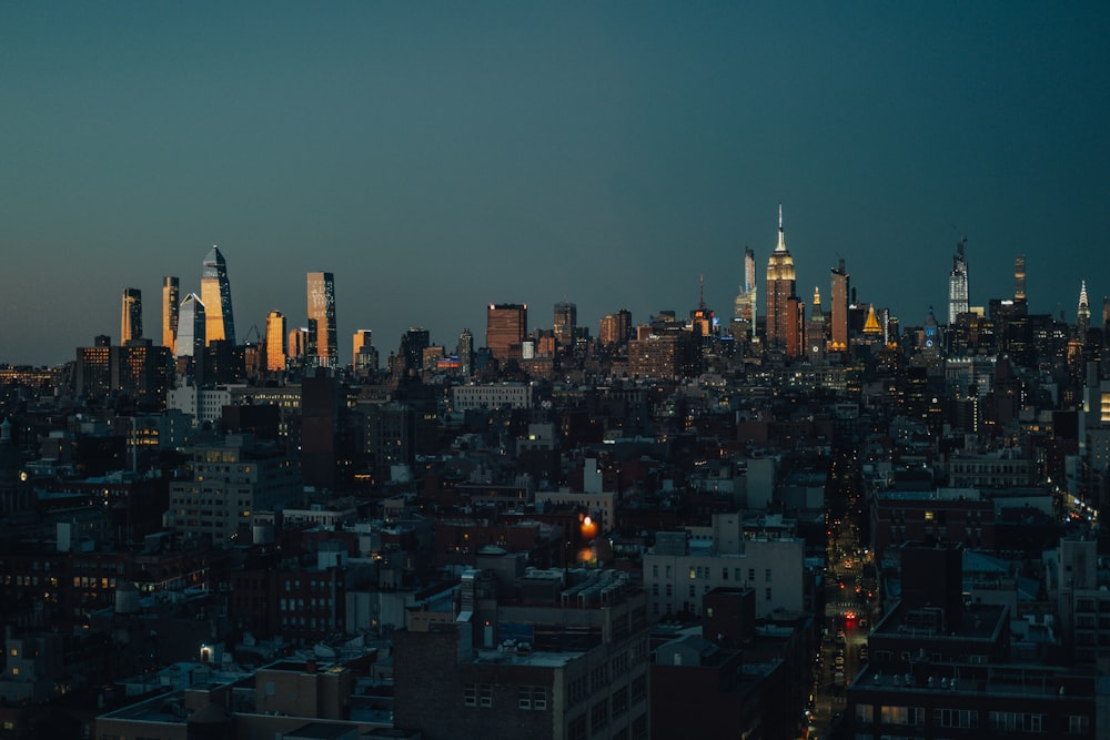 city skyline during night time