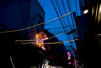 Neon lights illuminate a dense network of overhead wires against a dusky sky in an urban setting, with signs featuring intricate designs and foreign script. The scene is set in a narrow alley flanked by the silhouettes of buildings.