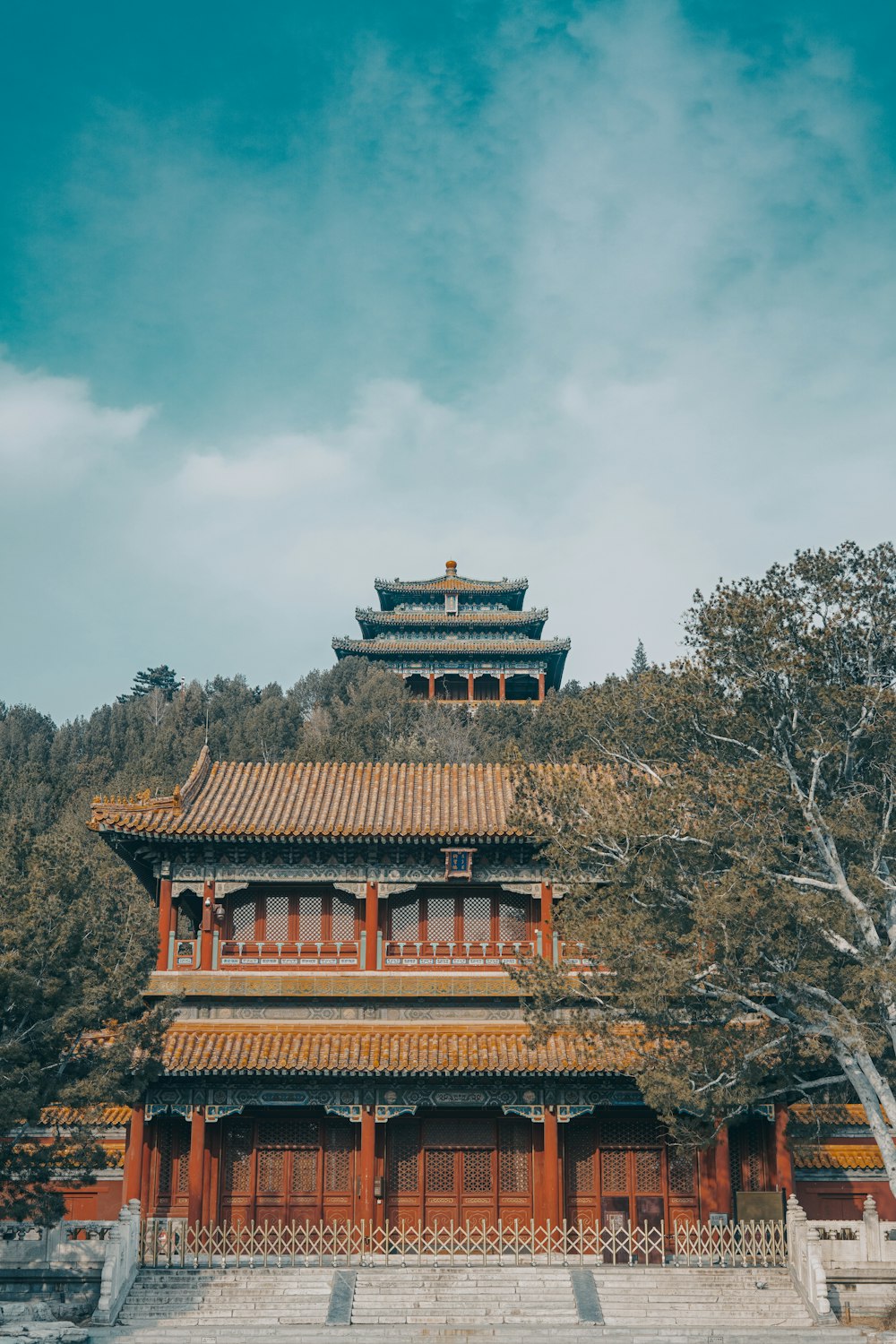 brown and black temple near bare trees under gray sky