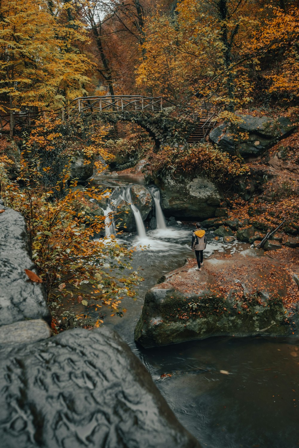 Person in schwarzer Jacke, die tagsüber auf einem Felsen in der Nähe des Flusses steht