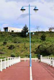 A person is jogging along a red-colored path bordered by white railings, leading towards a green, grassy hill. A blue lamp post stands prominently in the center of the path. In the background, a modern white building and a cyclist can be seen on top of the hill.