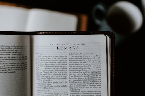 An open Bible lies on a flat surface, displaying the text of 'The Letter of Paul to the Romans.' A blurred cup or mug is visible in the background, suggesting a casual reading environment.