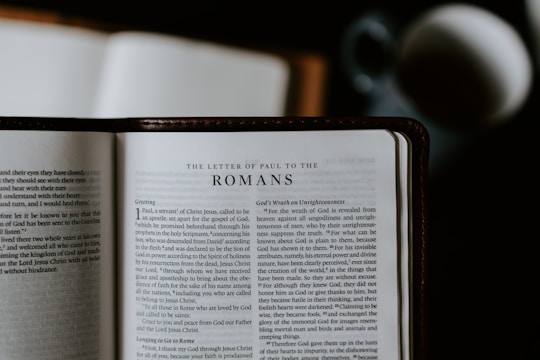An open Bible lies on a flat surface, displaying the text of 'The Letter of Paul to the Romans.' A blurred cup or mug is visible in the background, suggesting a casual reading environment.