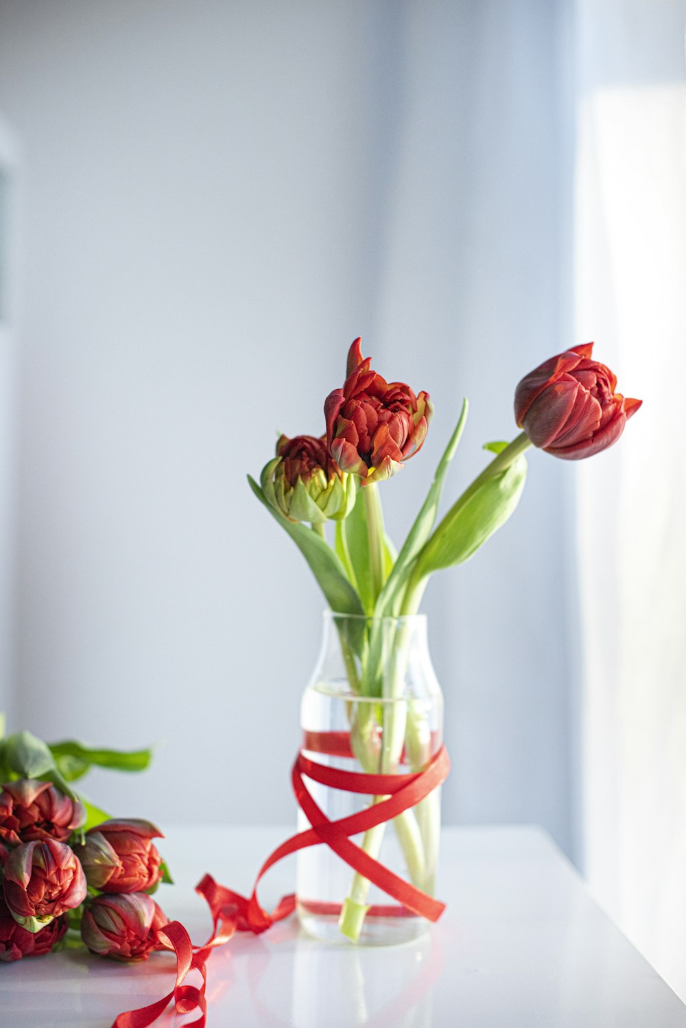 Tulipes rouges dans un vase en verre transparent
