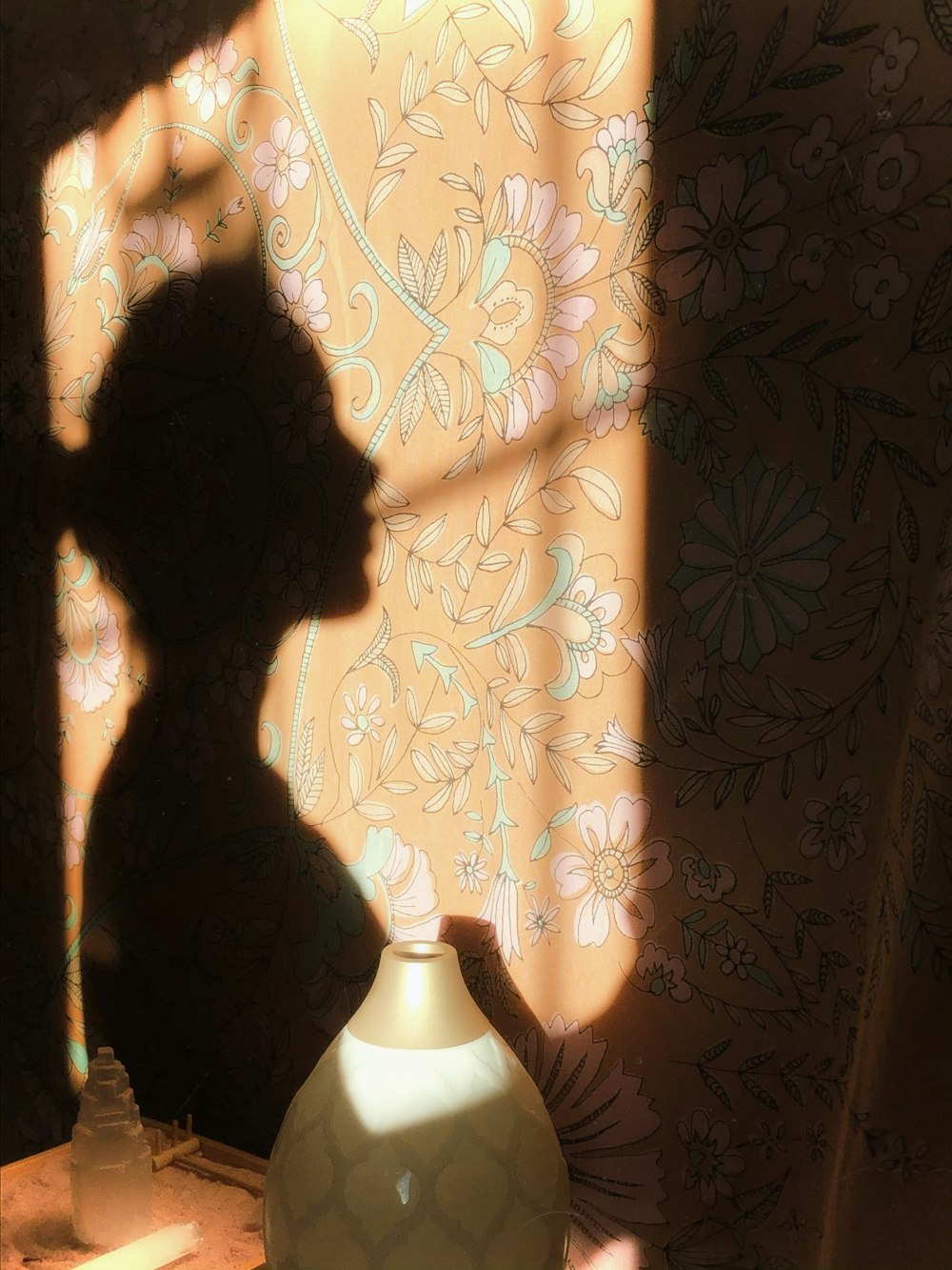 woman in black shirt standing near white and brown floral curtain