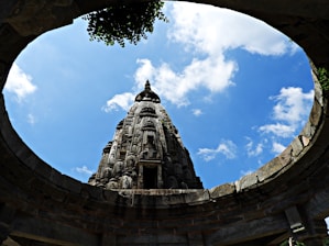 A serene view of the temple’s main entrance framed by ancient stone carvings under a clear blue sky.