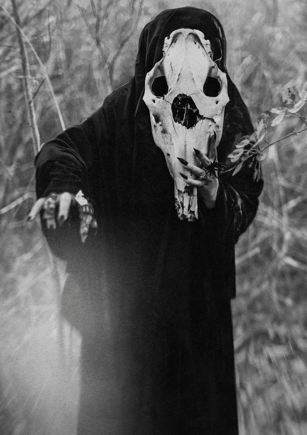 person in black and white skull mask