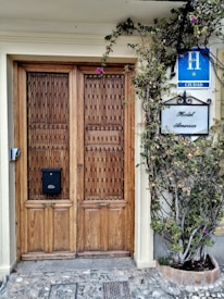 A wooden double door with intricate lattice patterns, flanked by a leafy plant with purple flowers. Above the door are signs bearing the words 'Hotel America' and a blue hotel badge indicating 'H Ciudad.' The stone path leading up to the entrance adds a rustic charm.