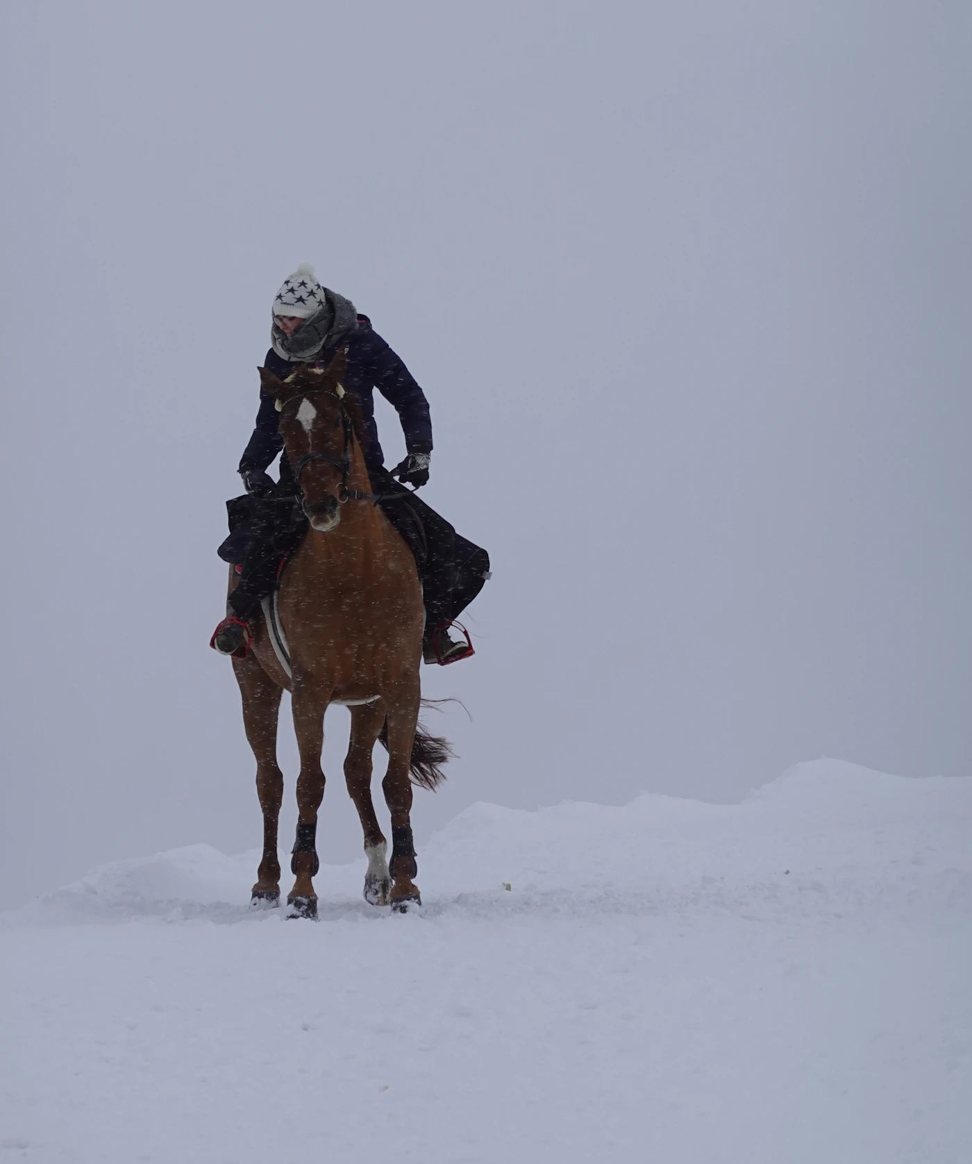 A rider galloping across deep snow in the Engadin mountains