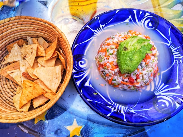 A vibrant plate of vegan ceviche made with fresh vegetables.