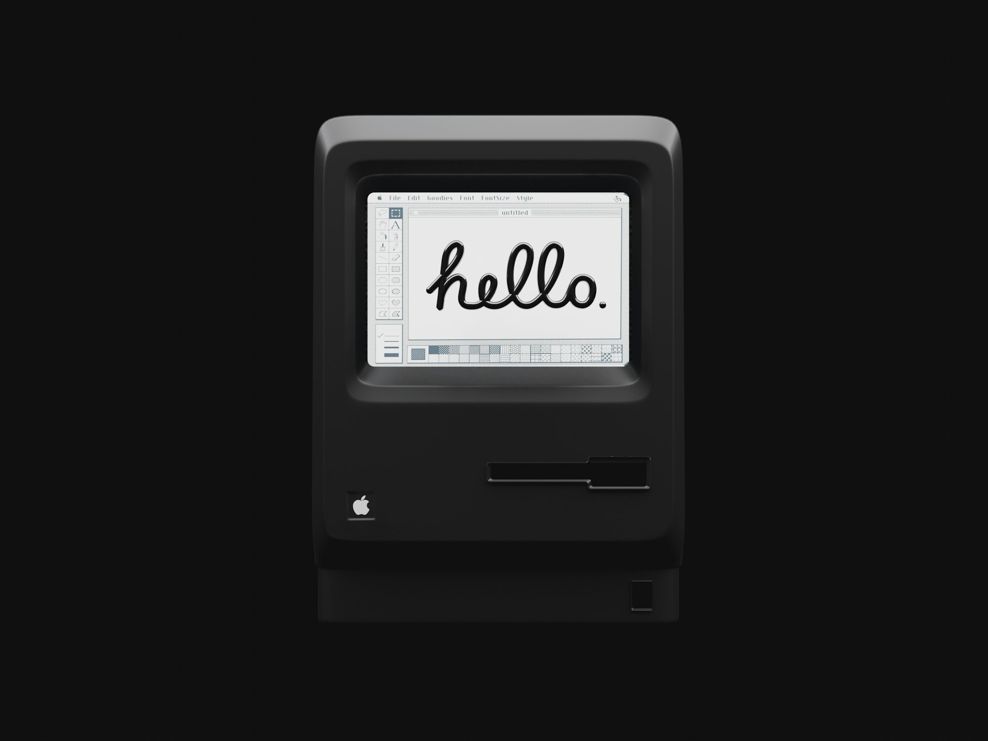 3d Illustration of Apple Macintosh 1984, with the word “hello” on its screen
