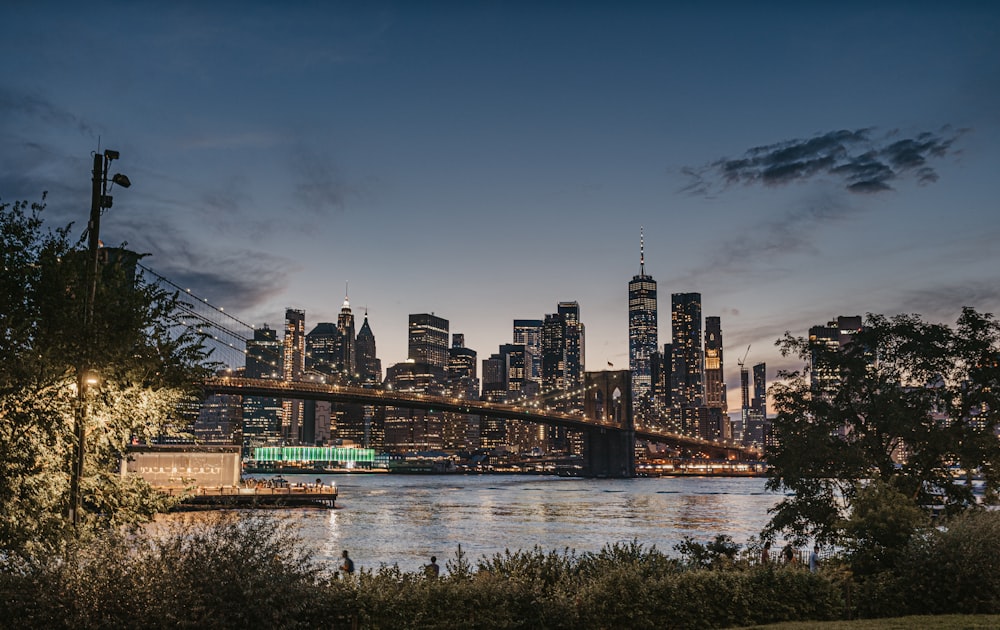a view of a city skyline with a bridge in the foreground