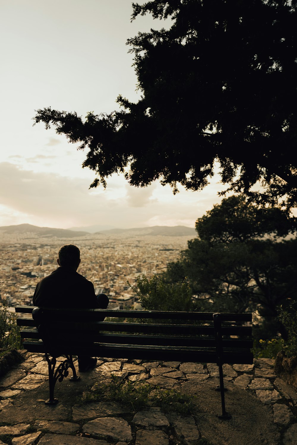 silhouette of man sitting on bench during sunset