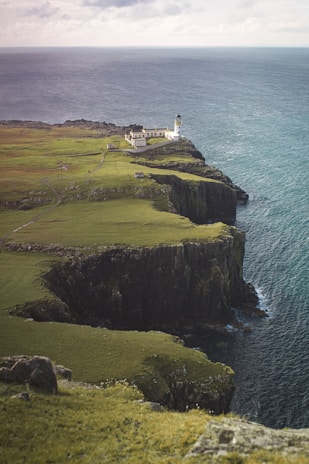 white and brown lighthouse on green grass covered hill by the sea during daytime