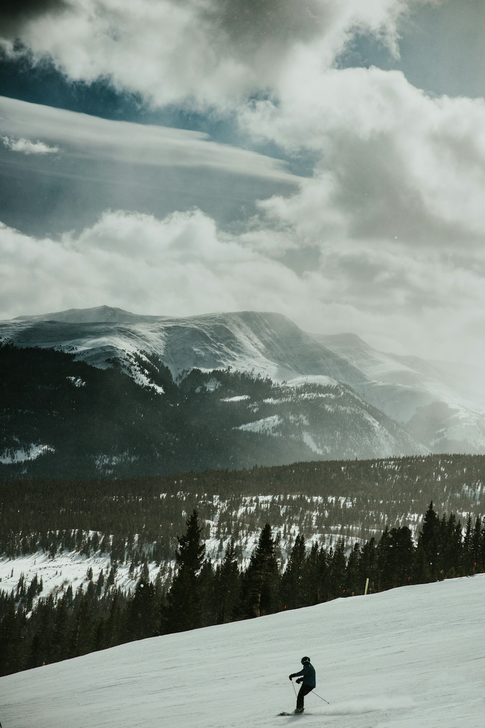 green trees near snow covered mountain under cloudy sky during daytime