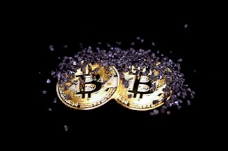 Two golden Bitcoin coins surrounded and partially covered by dark granules are placed against a black background.