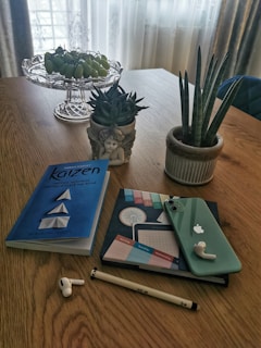 A wooden table holds a variety of items including a blue book with the title 'Kaizen', a green smartphone with a white apple logo, two wireless earbuds, a pen, and a decorative notebook with colorful design elements. A glass fruit dish filled with green grapes is on one side of the table, while two potted succulents and a small statue planter add a touch of greenery. Natural light streams through a sheer curtain in the background.