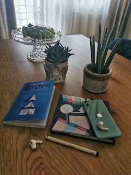 A wooden table holds a variety of items including a blue book with the title 'Kaizen', a green smartphone with a white apple logo, two wireless earbuds, a pen, and a decorative notebook with colorful design elements. A glass fruit dish filled with green grapes is on one side of the table, while two potted succulents and a small statue planter add a touch of greenery. Natural light streams through a sheer curtain in the background.