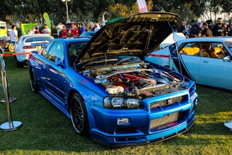 blue chevrolet camaro on green grass field during daytime