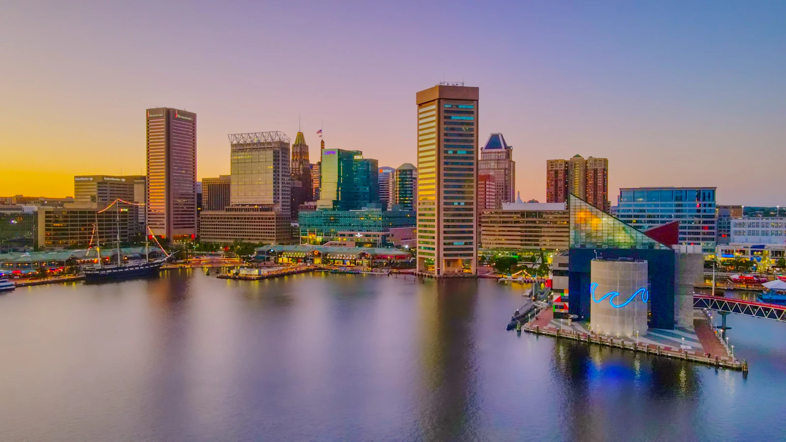 Baltimore Inner Harbor and Downtown skyline aerial view