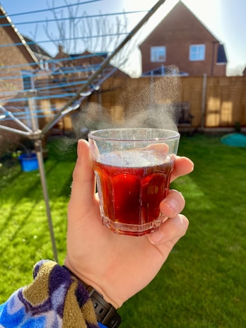 A hand holding a steaming glass of dark-colored tea outdoors in a sunny backyard. The background features a grassy lawn, wooden fence, and the outline of a house. A clothesline with several rows is also visible, indicating a typical garden setting.