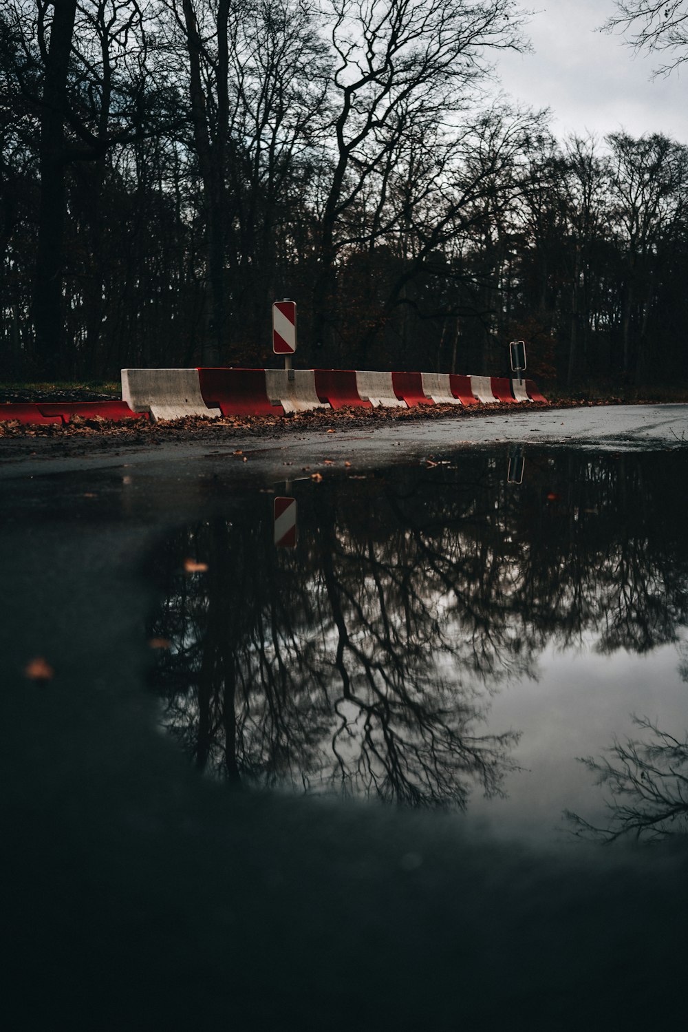 red and white road sign near body of water