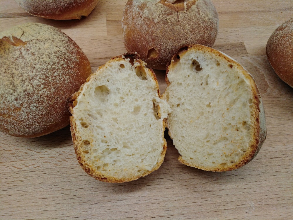 two brown bread on brown wooden table